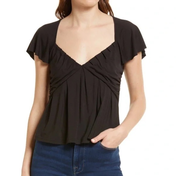 Frame Shirred Flounce Top Short Flutter Sleeves Black Cropped Size Small - Picture 1 of 7